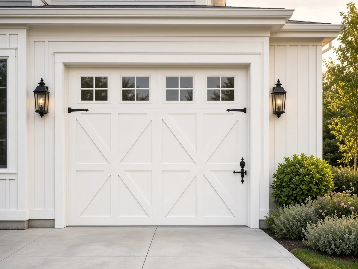 White carriage-style garage door on a coastal home